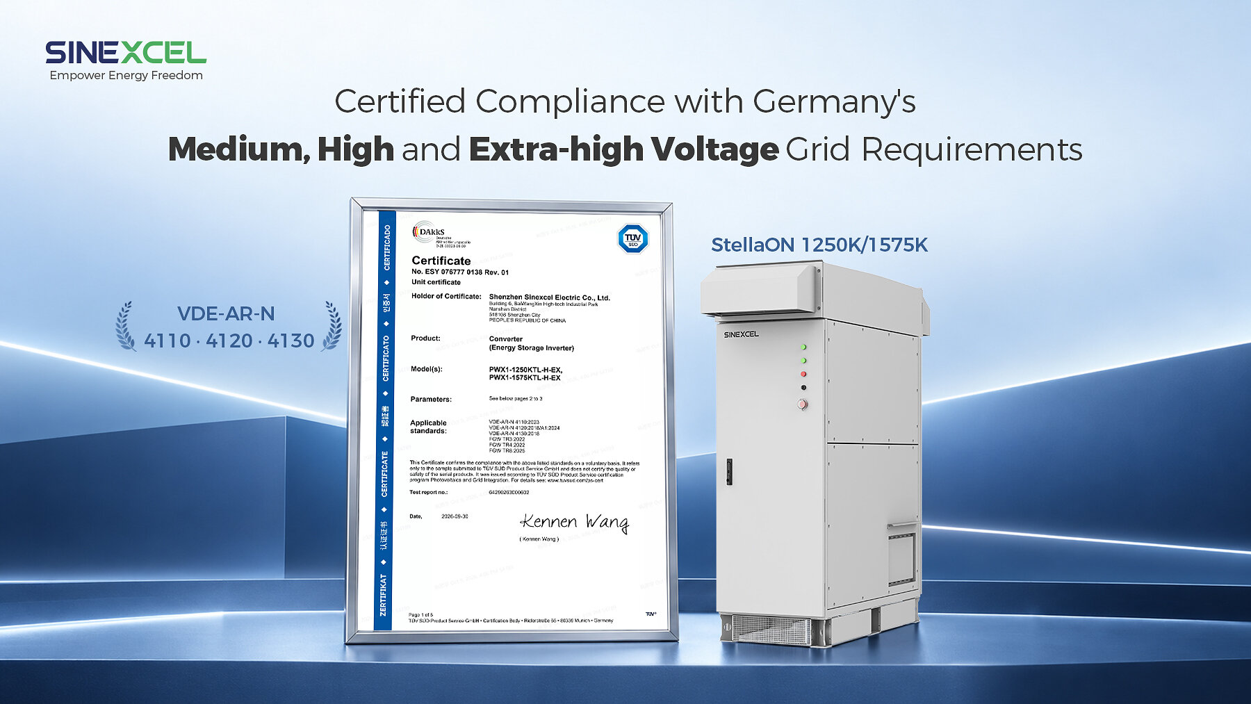 SINEXCEL's StellaON converters gain TÜV SÜD certification for German grid connection