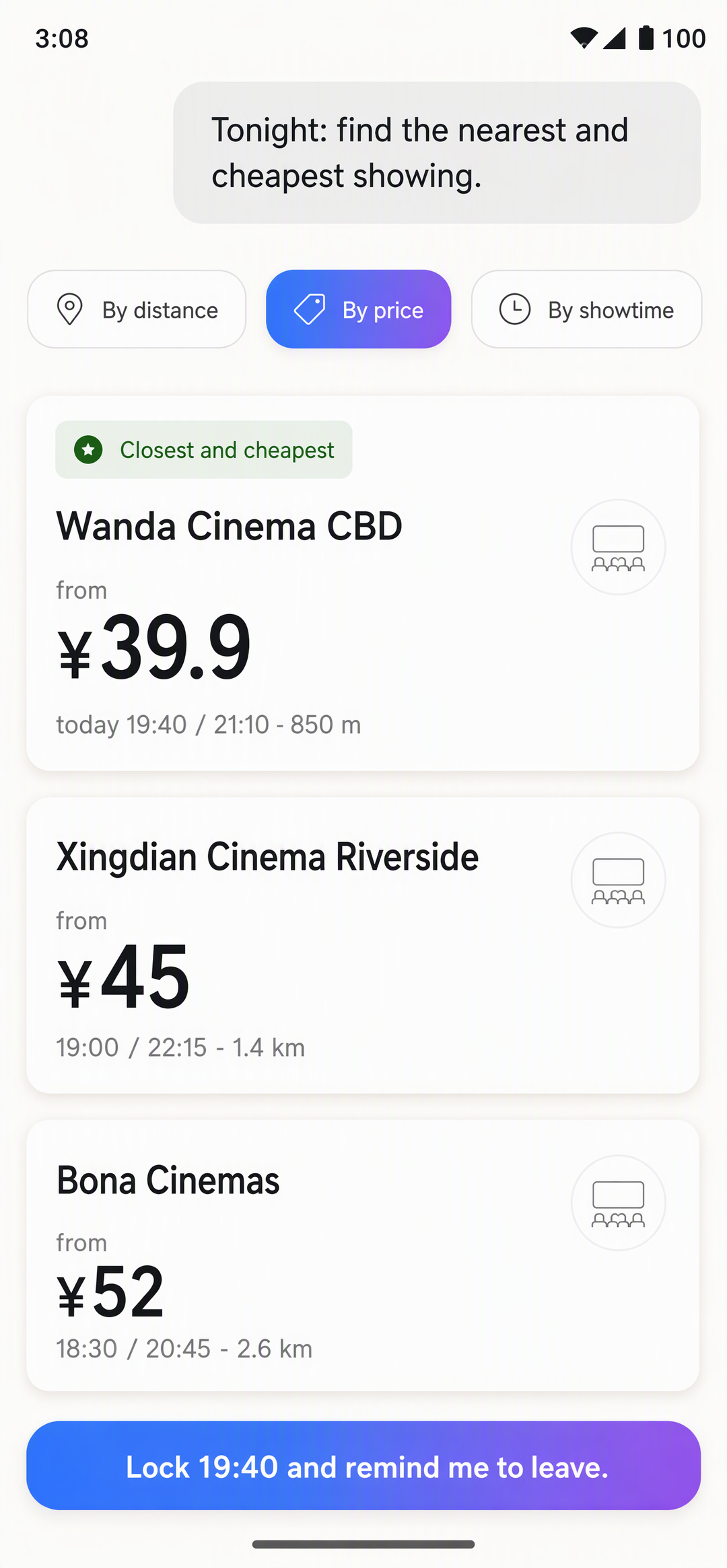 Cinema listings for tonight sorted by price and distance, with the closest-and-cheapest option flagged and a departure reminder set.