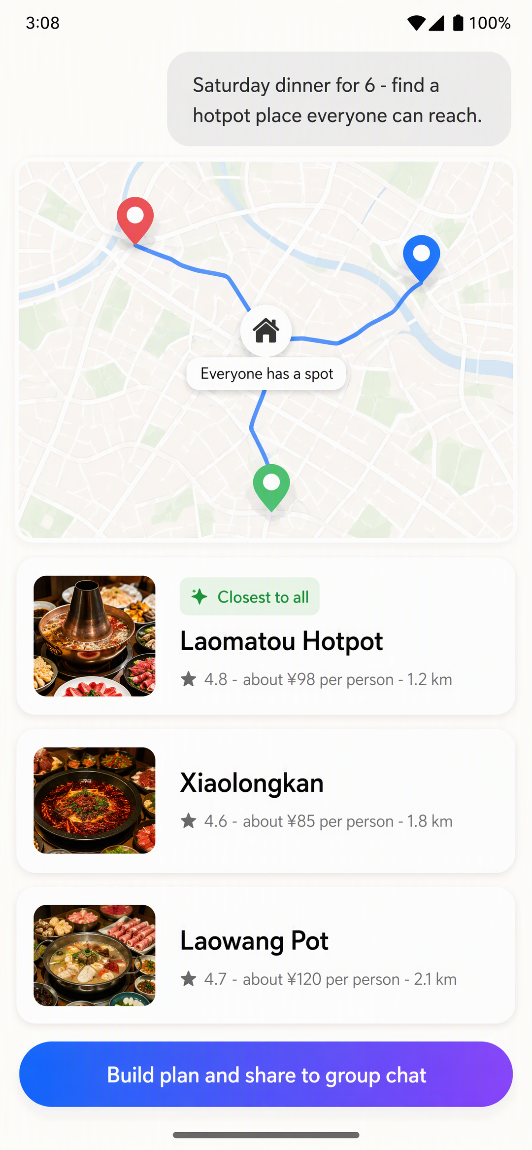A group-dinner venue shortlist plotted on a map, ranked by rating, price and distance.